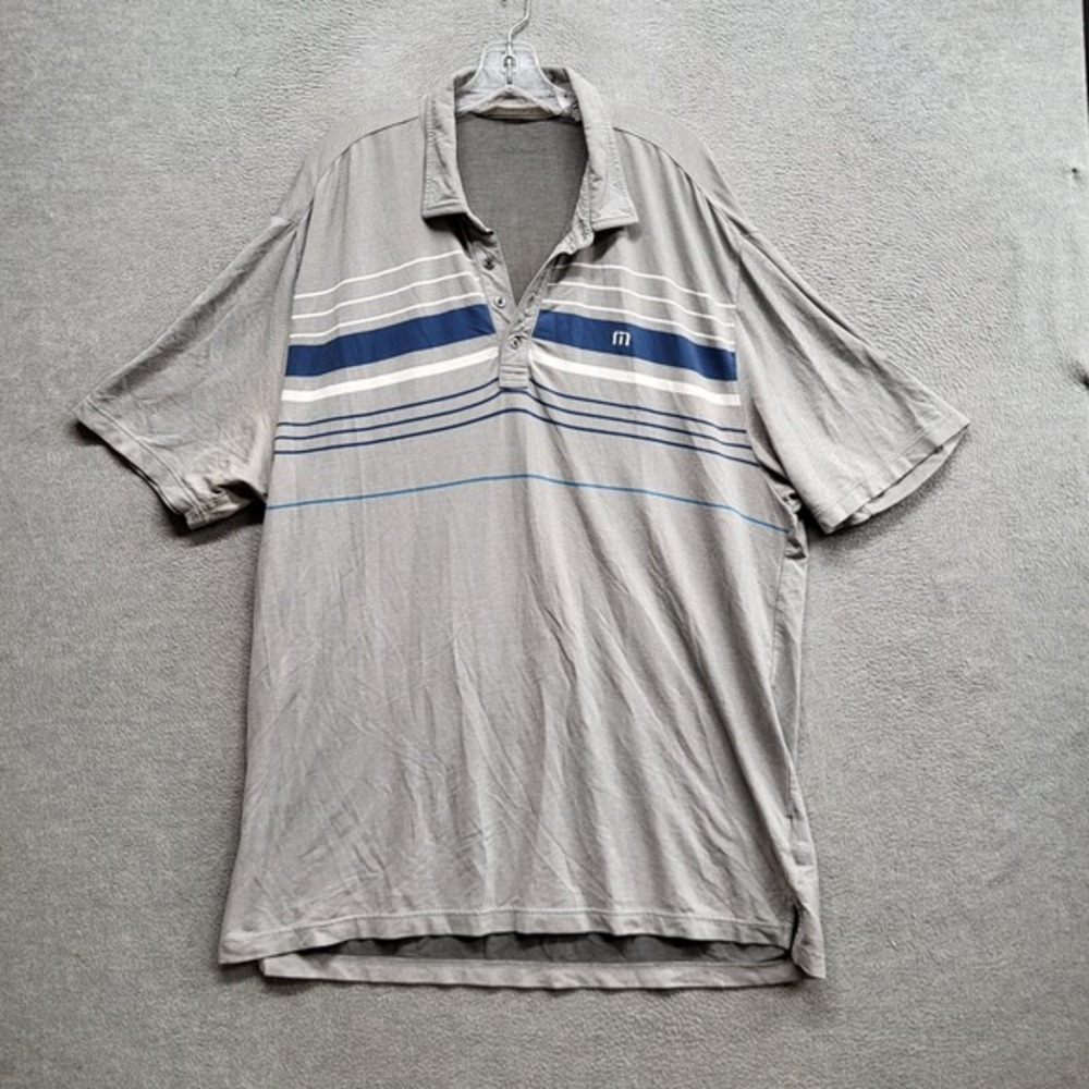 Travis Mathew Men Polo Shirt 2XL Gray Striped Logo Embroidered Short Sleeve